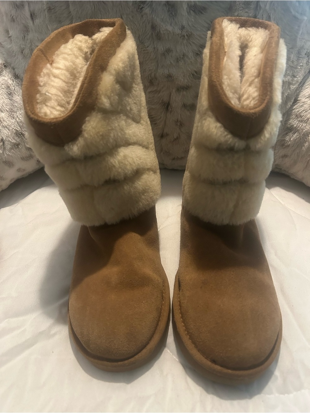 UGG Chestnut Suede Mid-Calf Boots with Cream Fur Cuff